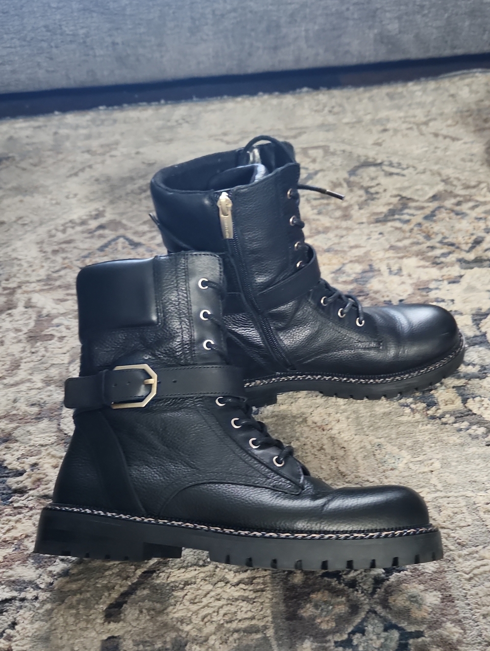 Vince Camuto Combat Moto Black Leather Lace-Up Ankle Boots with Buckle